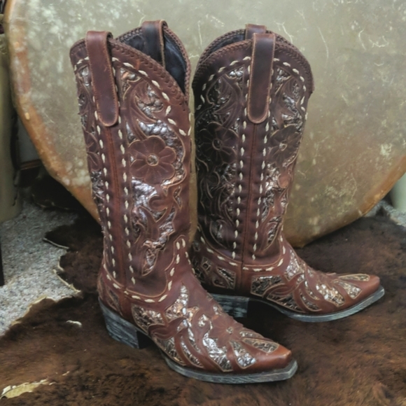 LANE "Poison" floral Chestnut brown & metallic snakeskin underlay cowgirl boots - Picture 8 of 16